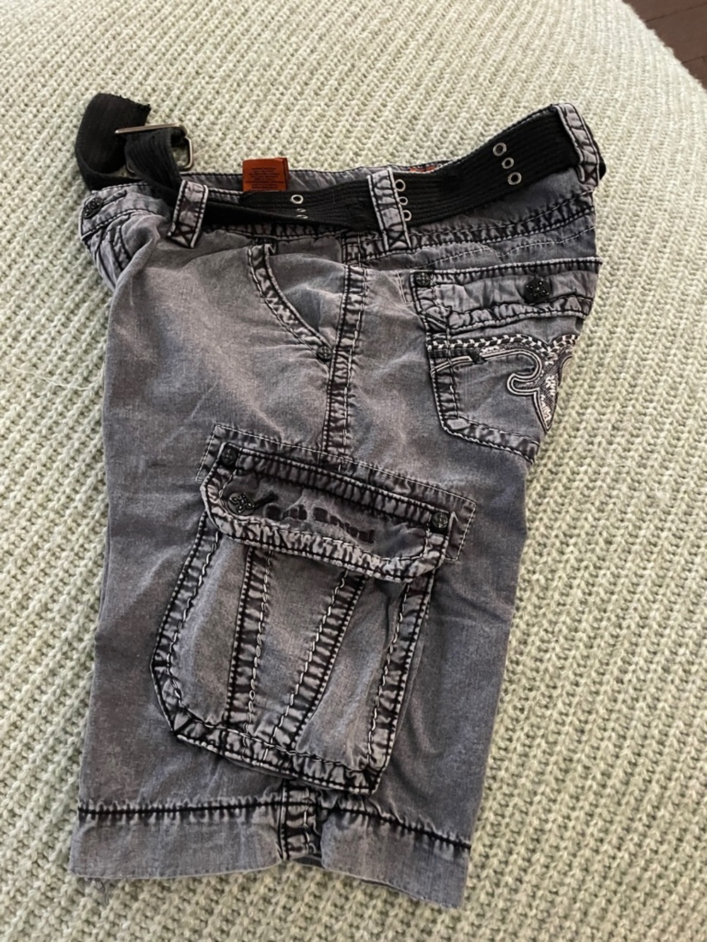 Rock Revival Washed Gray Cargo Jeans Shorts with Contrast Stitching